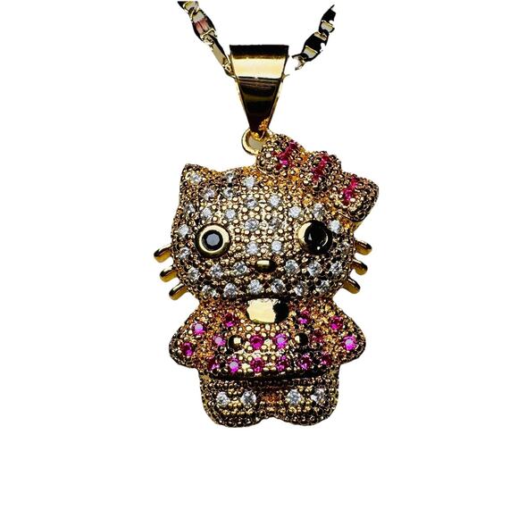 Hello Kitty Rhinestone Pendant Gold Tone Necklace - Picture 1 of 6